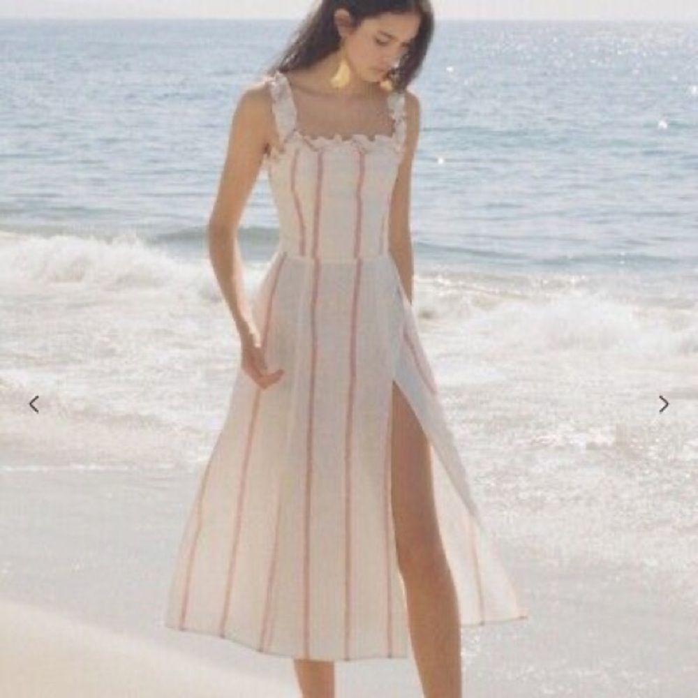 Reformation Lavender Linen Dress - Cream and Red Stripes with Slit
